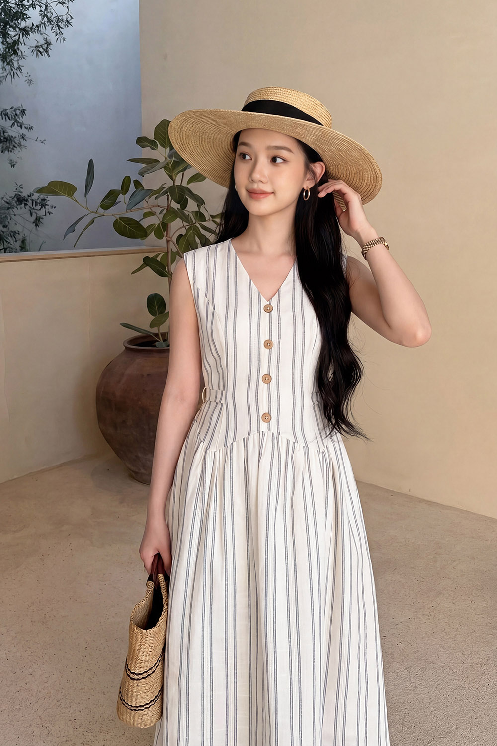 Đầm chữ A linen kẻ sọc