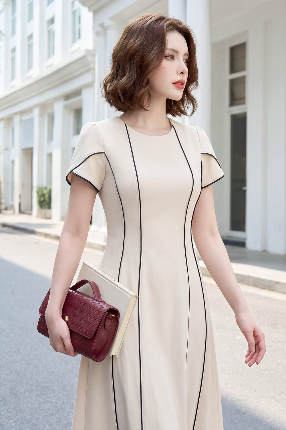 Đầm công sở dáng xòe chữ A viền đen