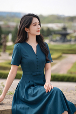Đầm công sở dáng xòe xếp ly eo đính nơ