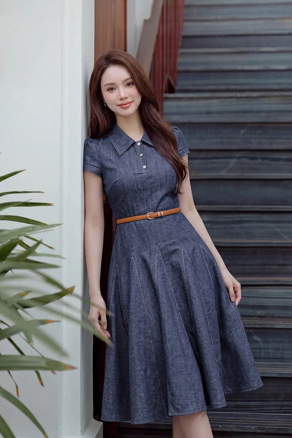 Đầm denim dáng xòe viền chỉ KK187-26