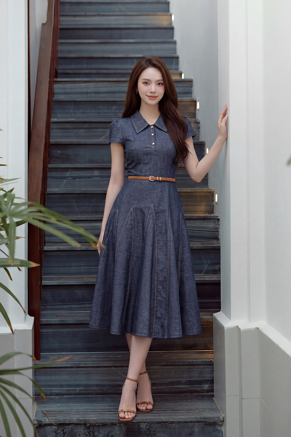 Đầm denim dáng xòe viền chỉ