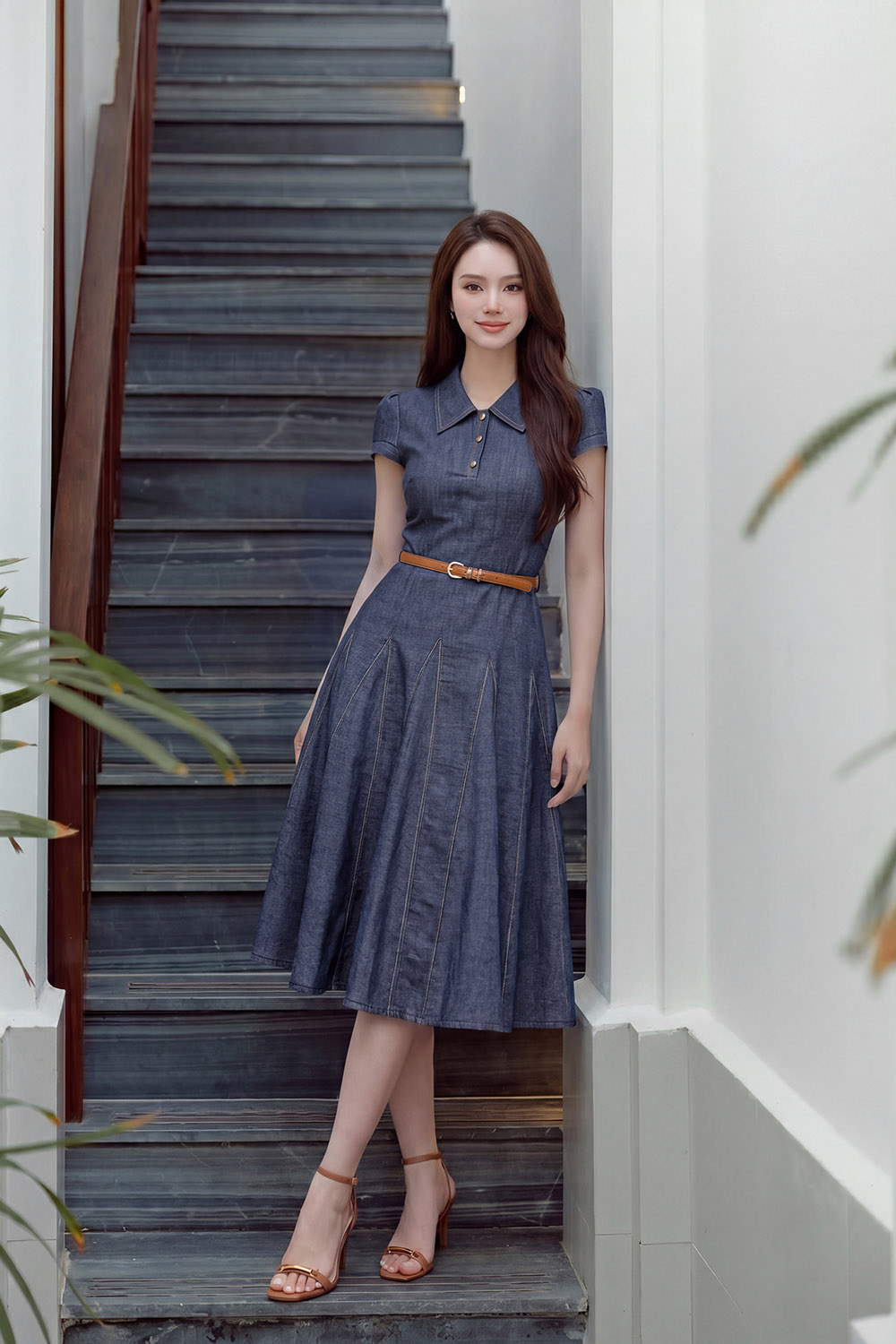 Đầm denim dáng xòe viền chỉ