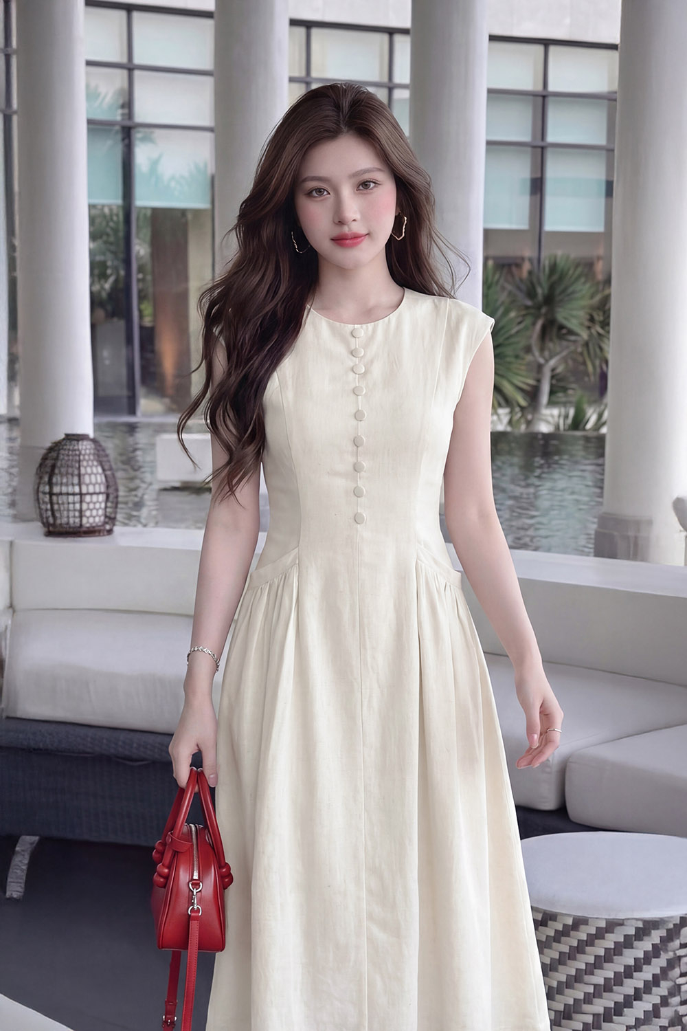 Đầm linen sát nách dáng dài phối nút