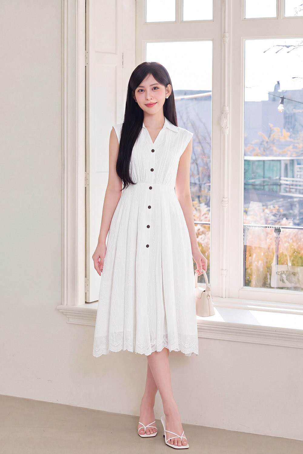 Đầm trắng sơ mi dáng xòe xếp ly eo