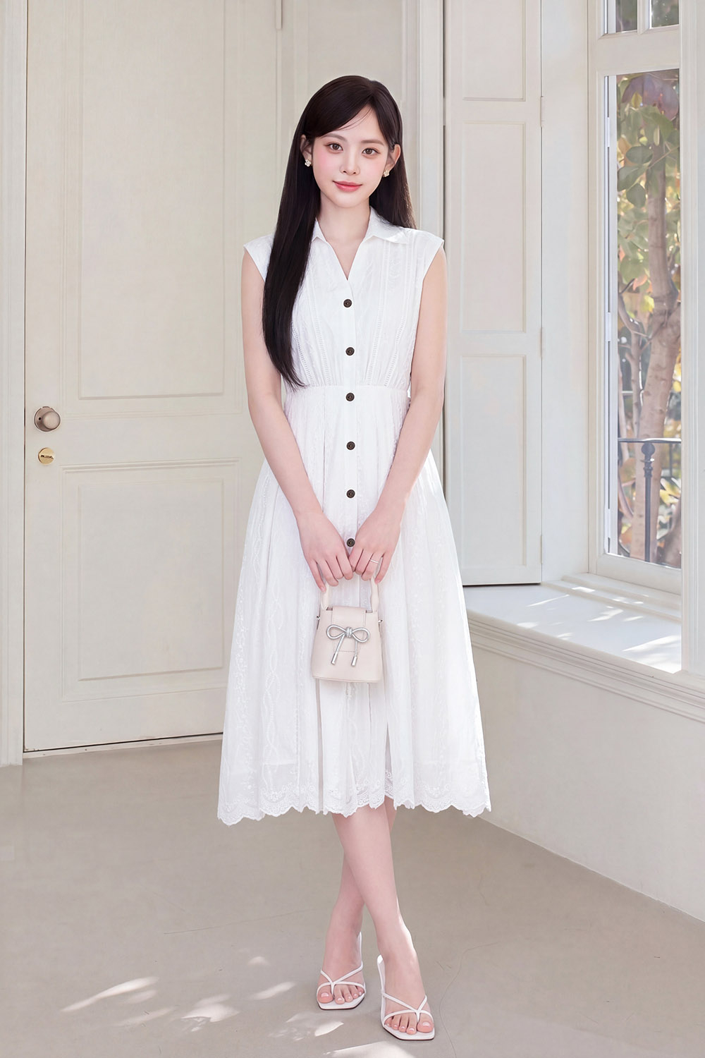 Đầm trắng sơ mi dáng xòe xếp ly eo