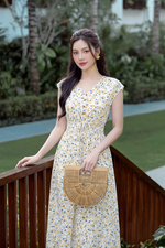 Đầm xòe hoa nhí cổ V eo bo chun