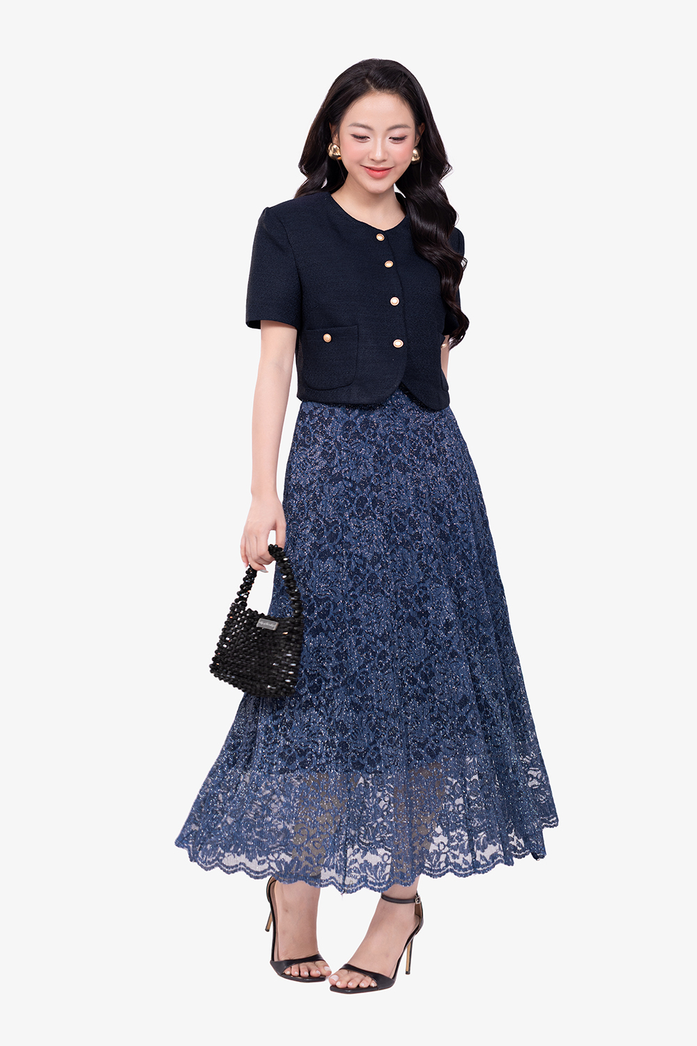 Áo tweed nữ phối nút dáng croptop