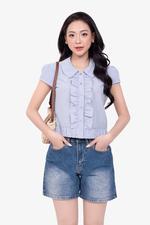 Áo kiểu nữ sọc xanh cổ sen phối bèo nhún