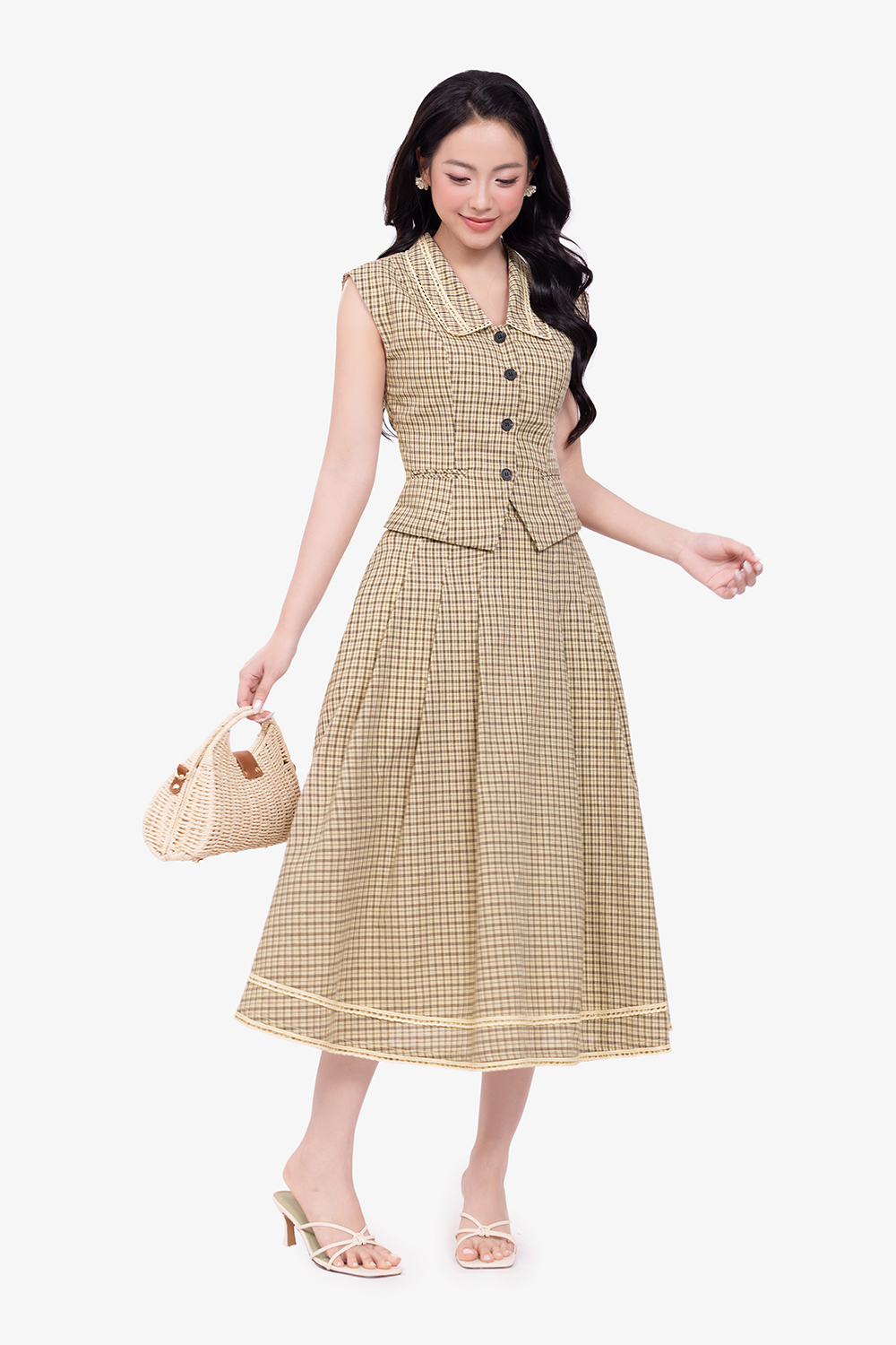 Chân váy caro dáng xòe linen sợi tre