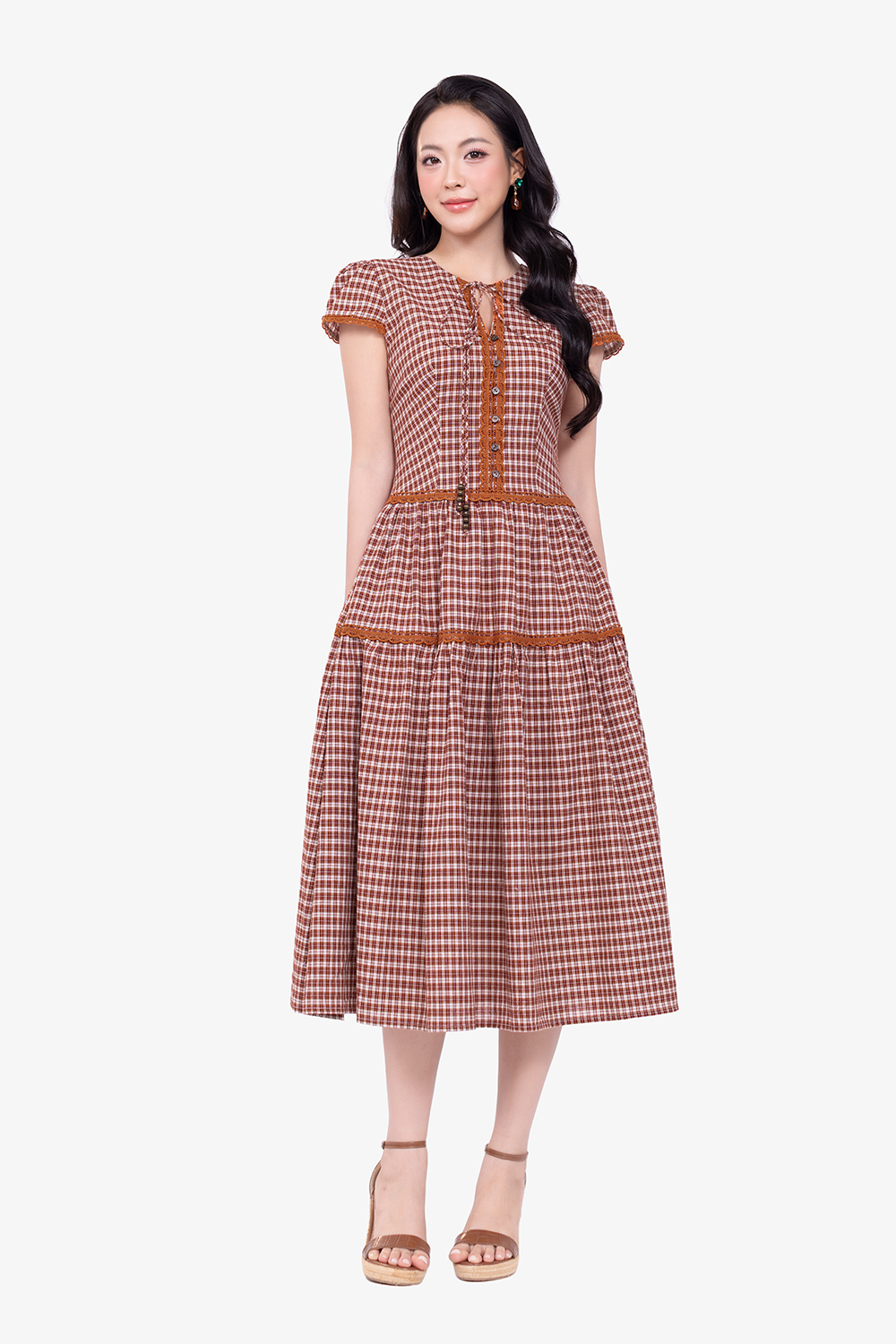 Đầm caro dáng xòe tầng phối nơ