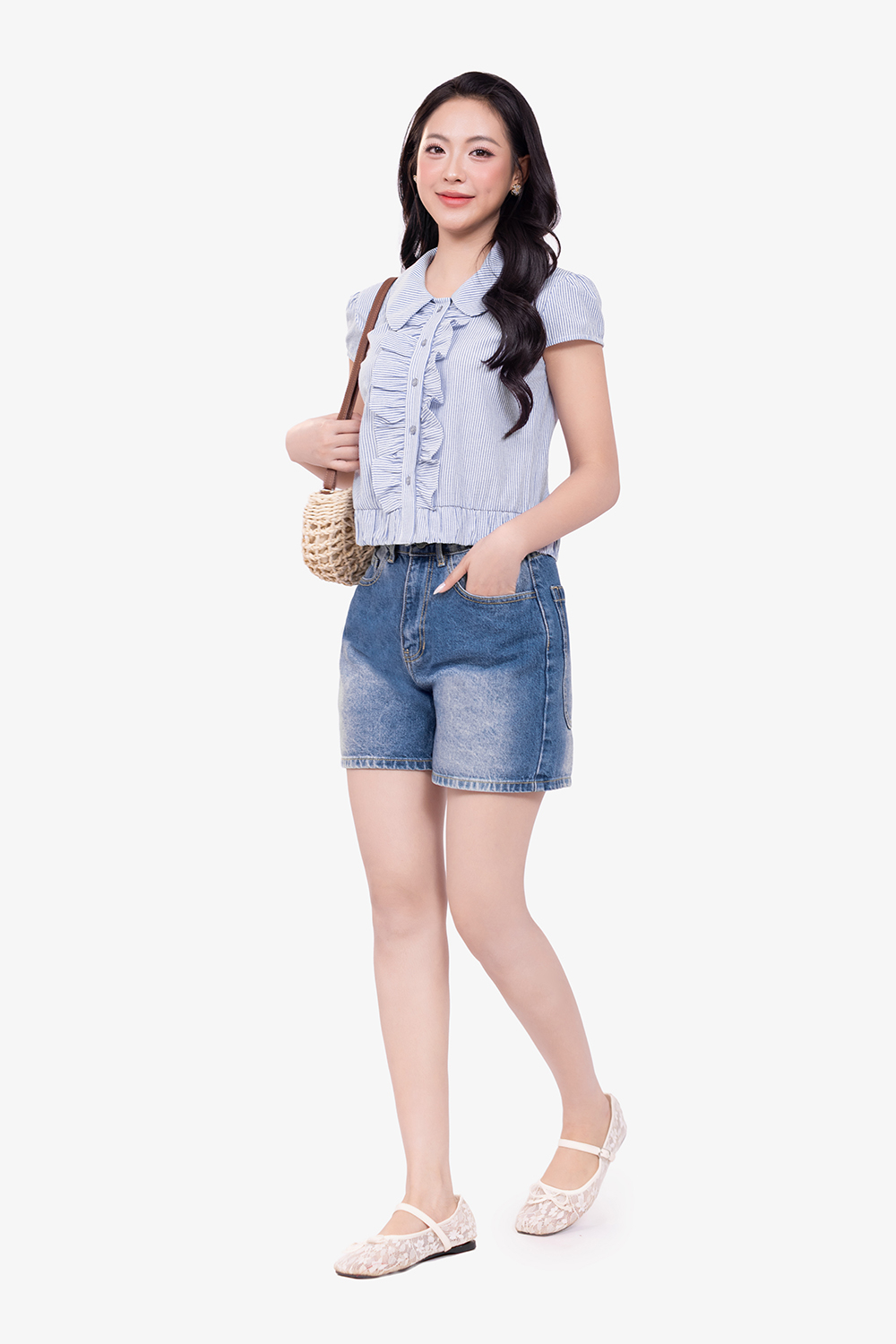 Quần short jeans nữ lưng cao màu xanh