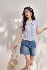 Áo kiểu nữ sọc xanh cổ sen phối bèo nhún