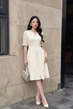 Đầm dáng xòe tay phối ren cổ cách điệu