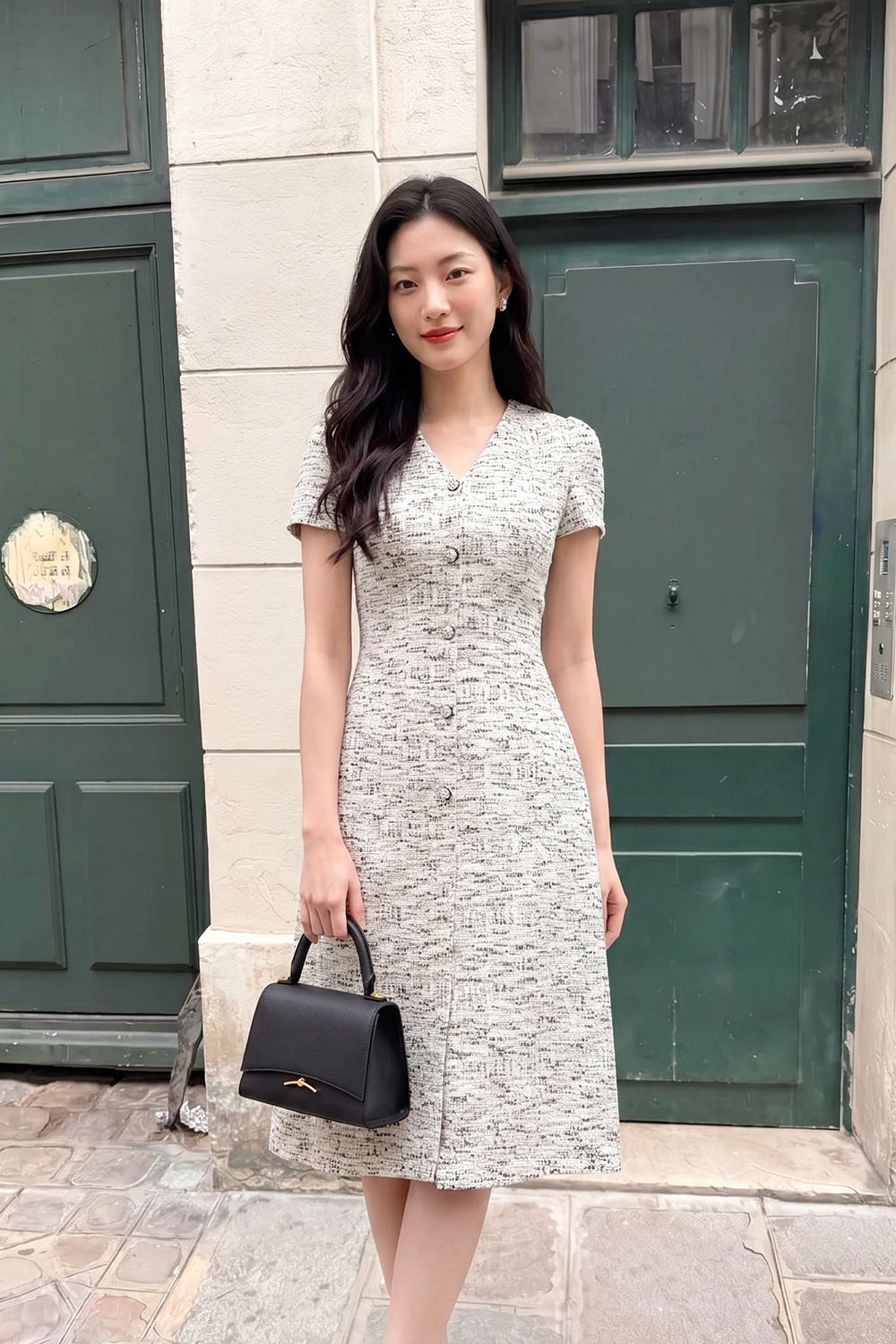 Đầm tweed cổ V dáng A đính nút