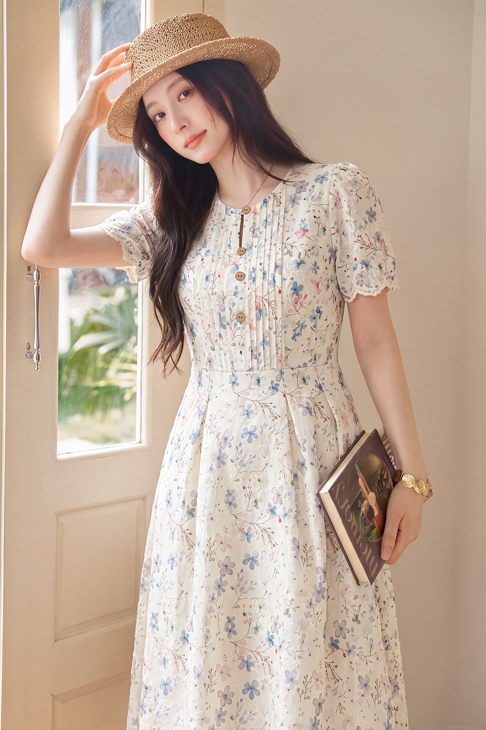 Đầm xòe hoa nhí dáng cổ tròn phối nút gỗ