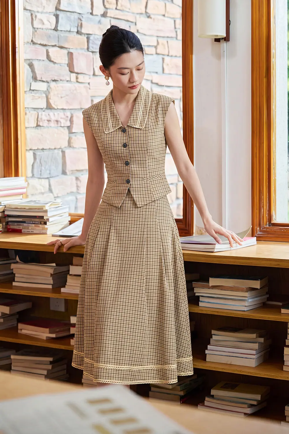 Chân váy caro dáng xòe linen sợi tre CV11-35