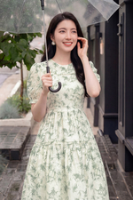 Đầm hoa xanh cổ tròn dáng xòe phối ren