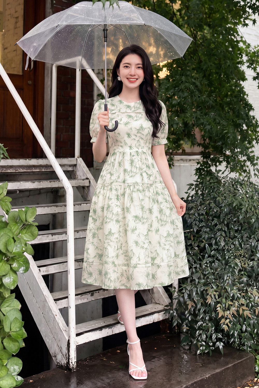 Đầm hoa xanh cổ tròn dáng xòe phối ren