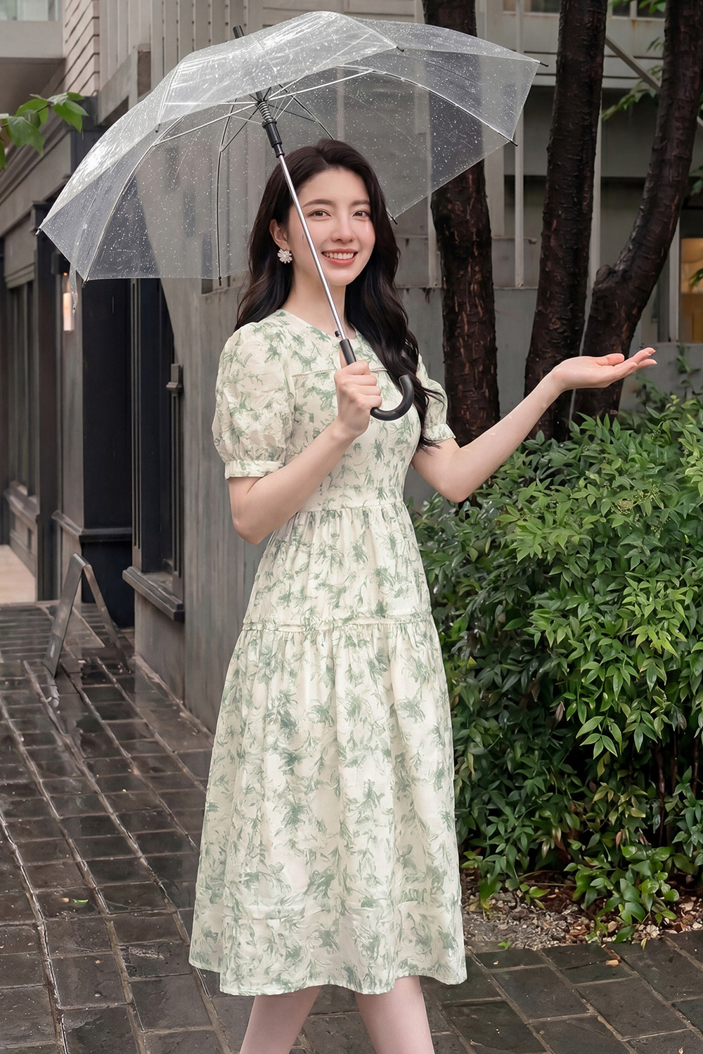 Đầm hoa xanh cổ tròn dáng xòe phối ren