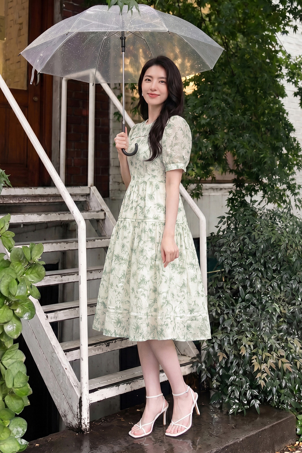Đầm hoa xanh cổ tròn dáng xòe phối ren