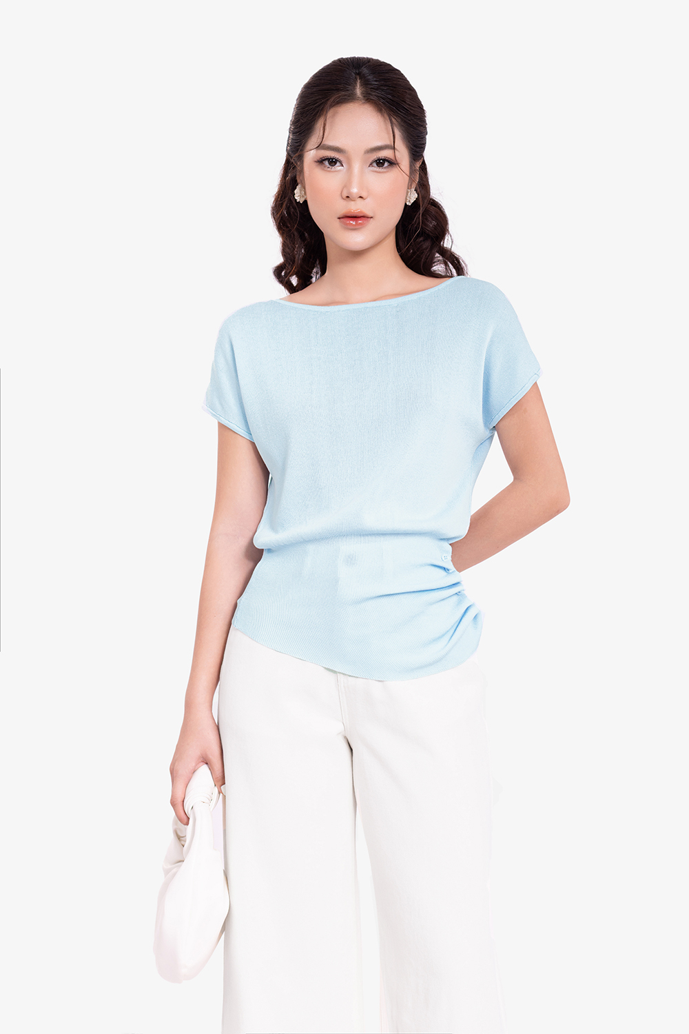 Áo len dệt kim bo eo màu xanh