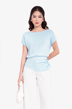 Áo len dệt kim bo eo màu xanh