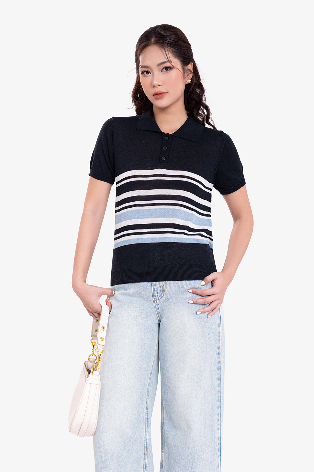 Áo len dệt kim xanh đen phối sọc cổ polo