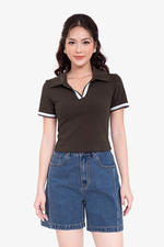 Áo thun cotton nữ màu nâu cổ polo