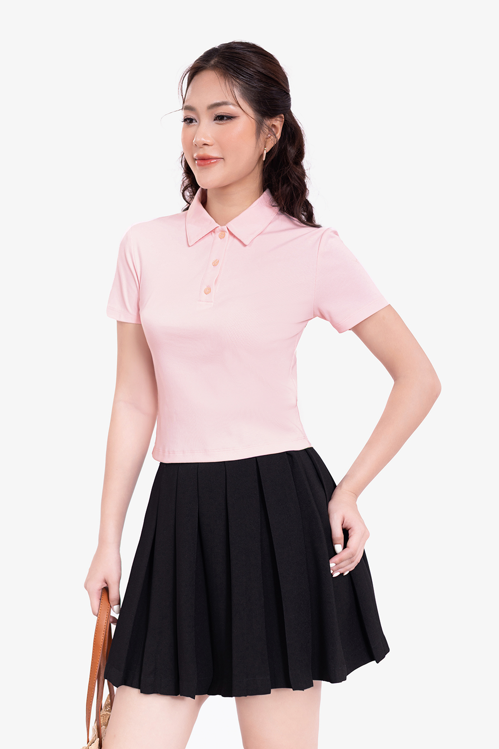 Áo thun polo nữ màu hồng pastel