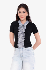 Áo sơ mi nữ màu đen phối caro tay ngắn