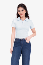 Áo thun cotton cổ polo khóa kéo màu xanh