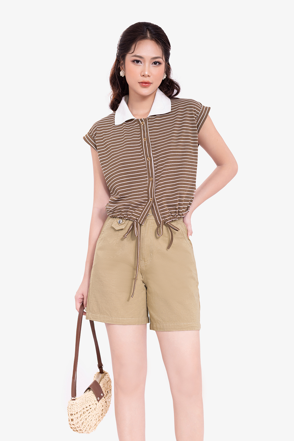 Quần short jean nữ cạp cao màu be