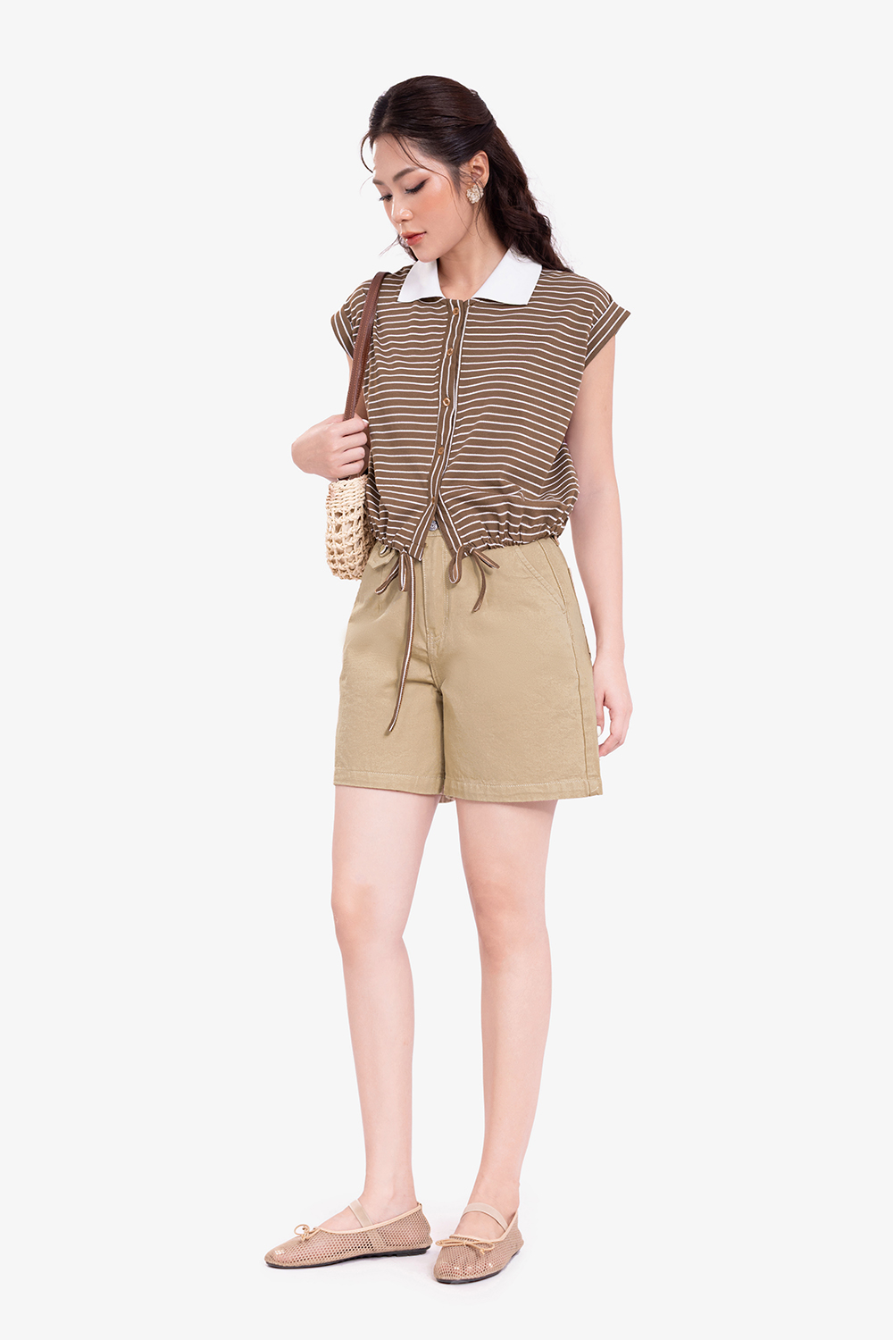 Quần short jean nữ cạp cao màu be
