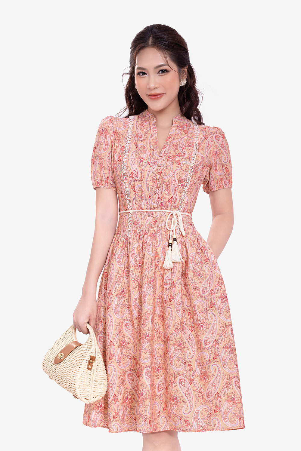 Đầm xòe cổ trụ họa tiết paisley