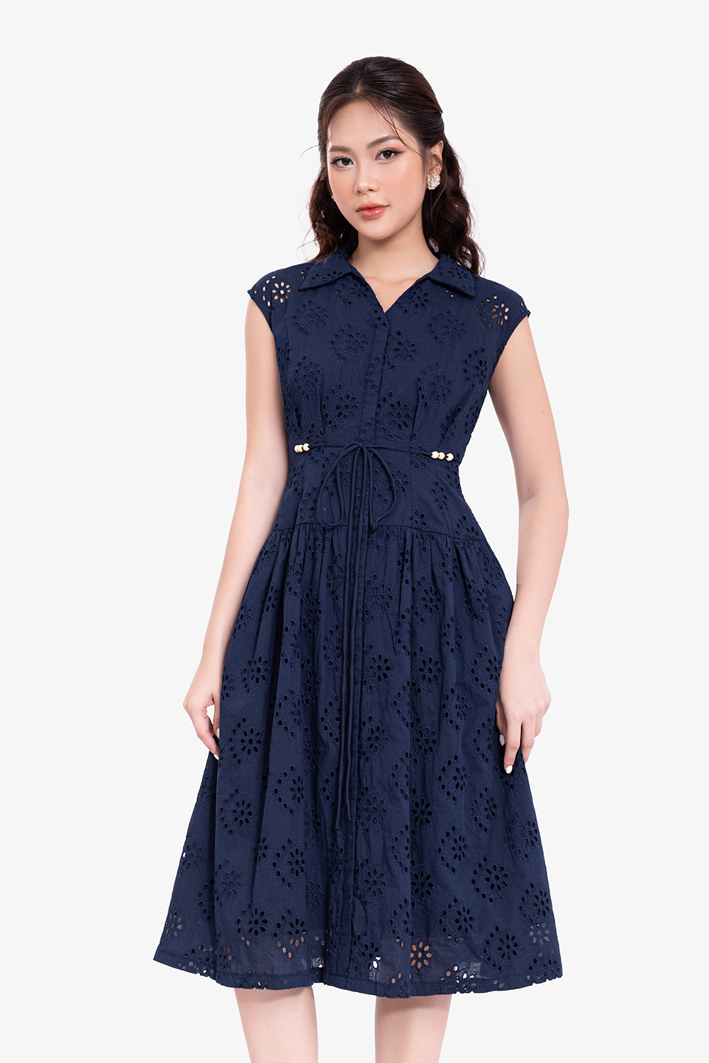 Đầm xô thêu dáng xòe màu xanh navy