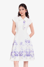 Đầm xòe trắng cổ sơ mi in hoa