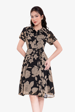 Đầm họa tiết hoa cổ sơ mi dáng xòe