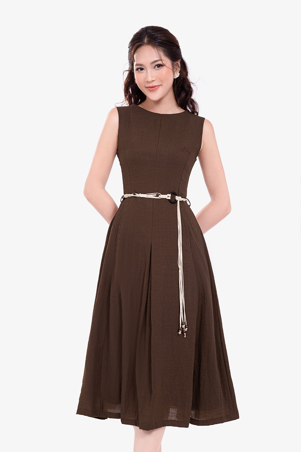 Đầm xòe chữ A dáng dài màu nâu phối thắt lưng