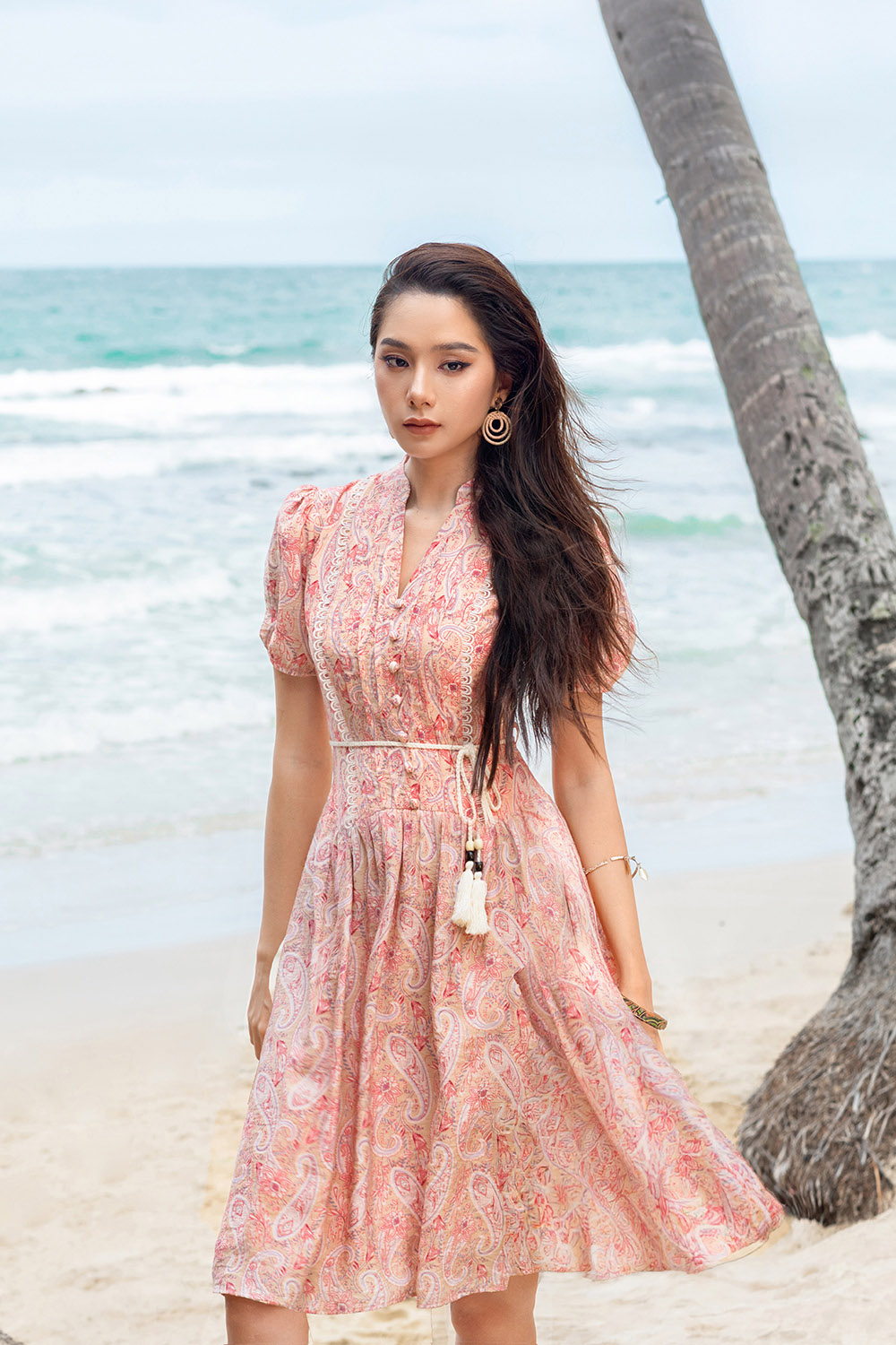 Đầm xòe cổ trụ họa tiết paisley HL34-33