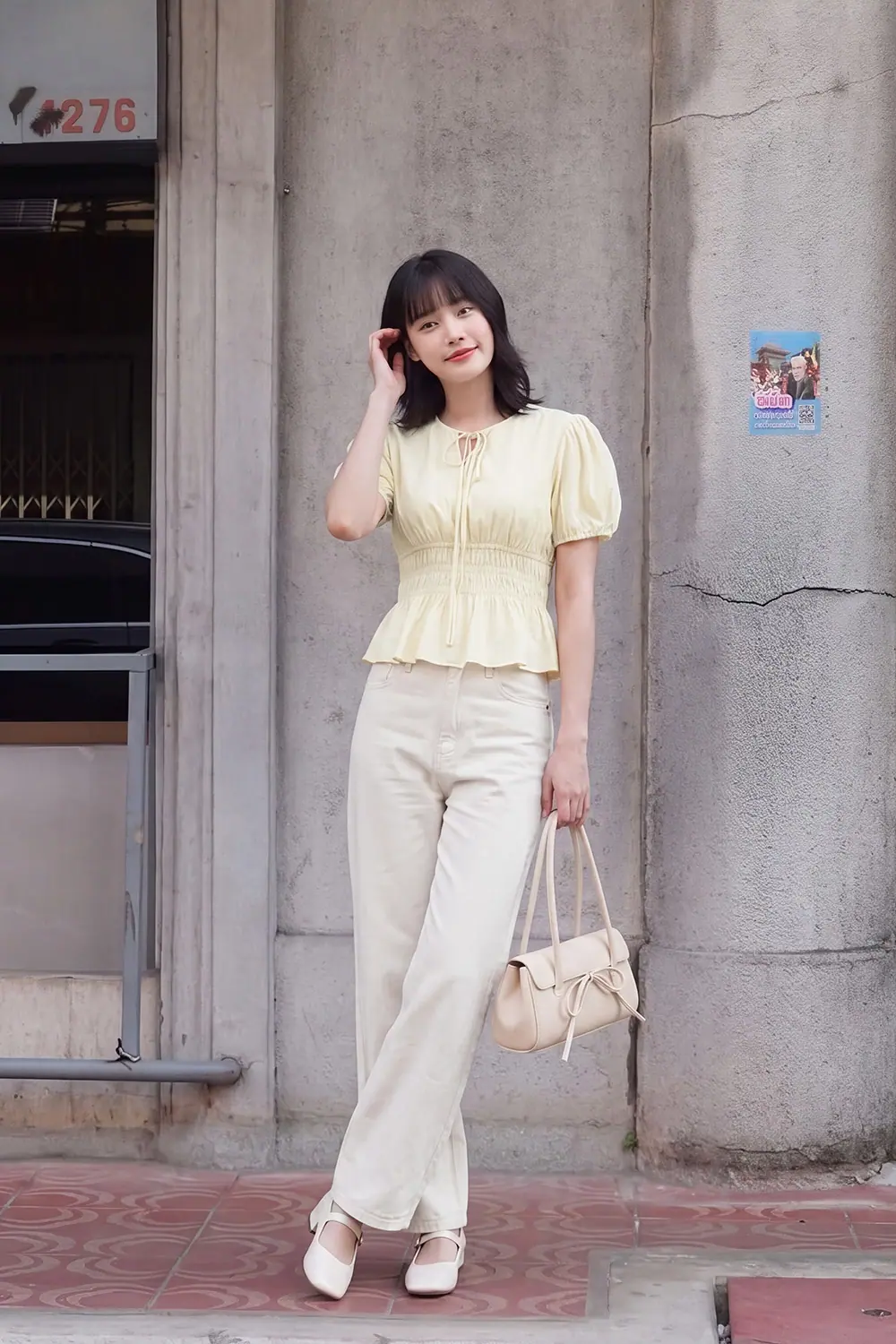 Áo kiểu tay phồng cổ thắt nơ nhún eo