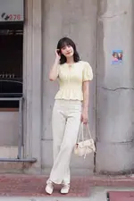 Áo kiểu tay phồng cổ thắt nơ nhún eo