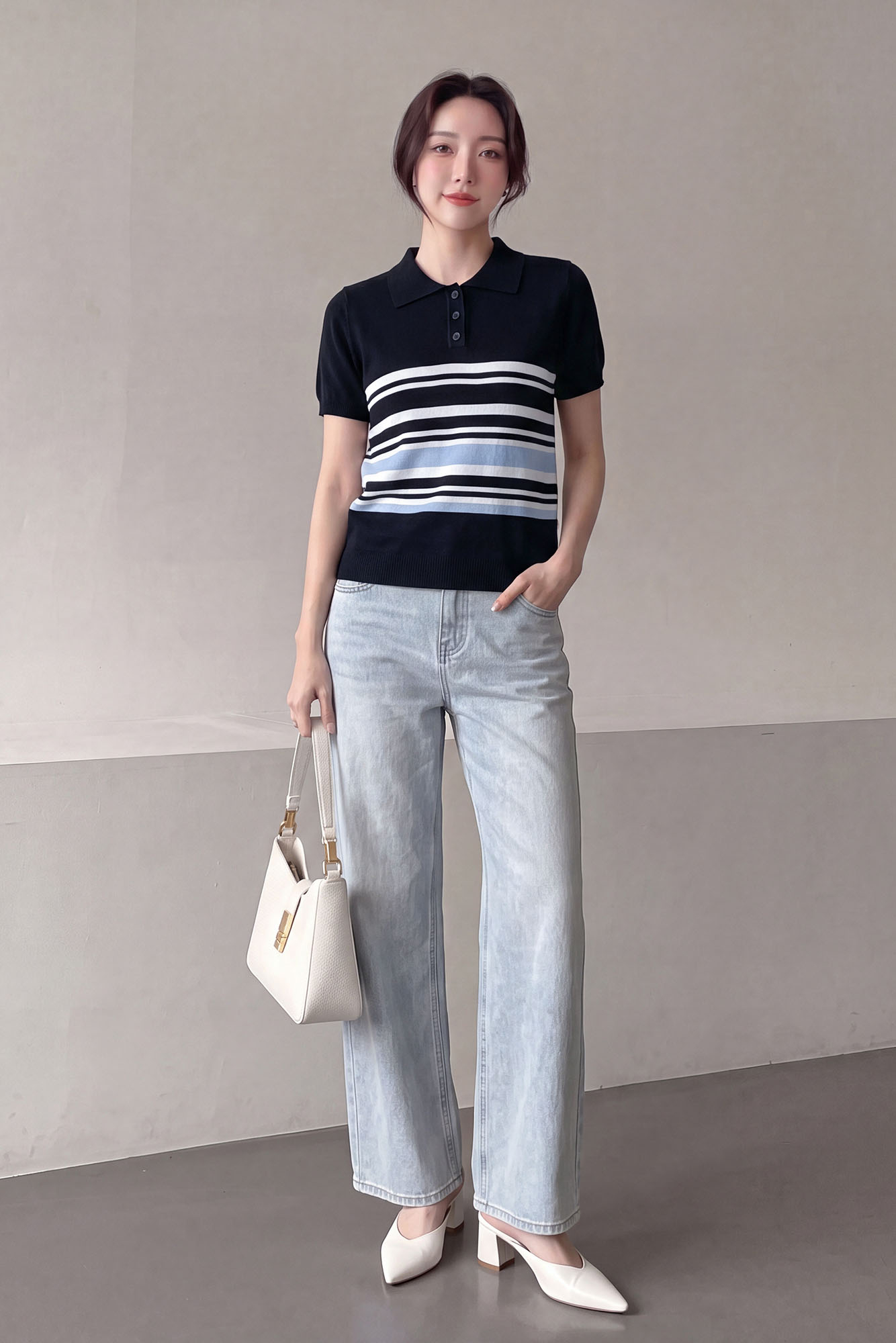 Áo len dệt kim xanh đen phối sọc cổ polo