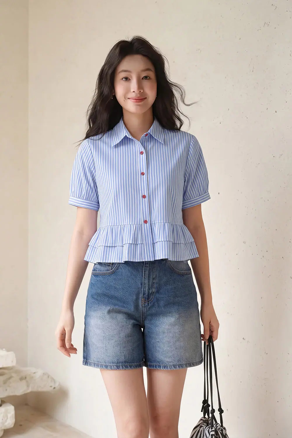 Áo sơ mi sọc trắng xanh dáng baby doll