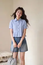 Áo sơ mi sọc trắng xanh dáng baby doll