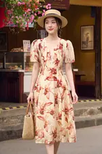 Đầm hoa tay phồng dáng xòe phối ren