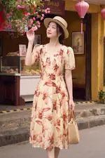 Đầm hoa tay phồng dáng xòe phối ren
