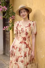 Đầm hoa tay phồng dáng xòe phối ren