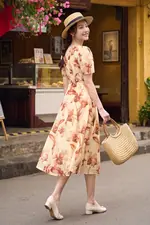 Đầm hoa tay phồng dáng xòe phối ren