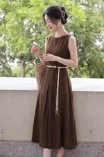 Đầm xòe chữ A dáng dài màu nâu phối thắt lưng