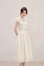 Đầm xòe tơ phối ren dự tiệc màu kem